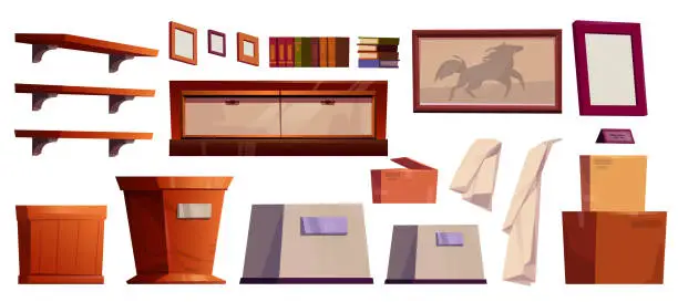 Vector illustration of Cartoon museum gallery interior furniture set