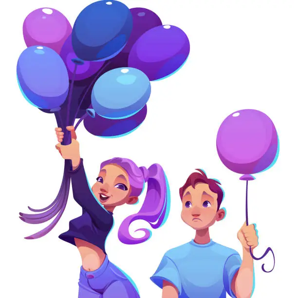 Vector illustration of Sad man looking at happy woman with air balloons