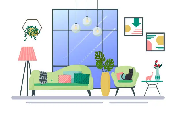 Vector illustration of Modern interior of a cozy living room. A sofa and an armchair, a tocher and potted plants, a large window and paintings on the wall.