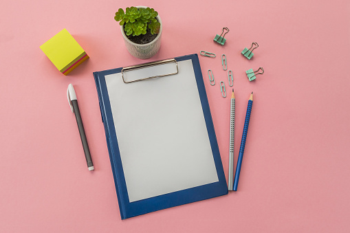 Notebooks, pen, stationery on a pink background. Conceptual image