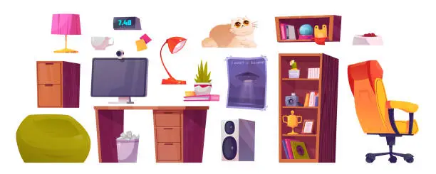 Vector illustration of Cartoon set of home office furniture