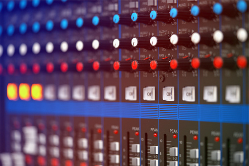 close-up audio mixing console, Selective focus. mixing and mastering tone control.