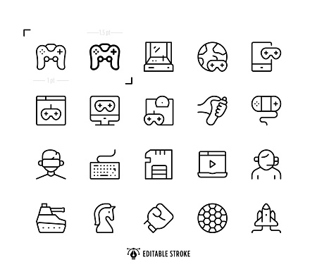 This set contains icons of Gamepad, Virtual Reality, Game Computer, Game Console and such.