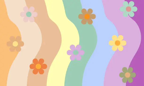 Vector illustration of Retro wavy seamless pattern of green,yellow, blue, pink, purple and orange retro style with flowers wallpaper. Vector Ilustration. Used as wallpaper, Background, banner, website, wrapping pager, fabric