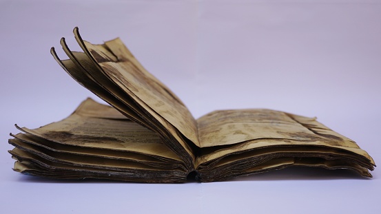 Two antique Leather bound books stacked, the one on top is open. There is a Clipping Path included that will remove the drop shadow.
