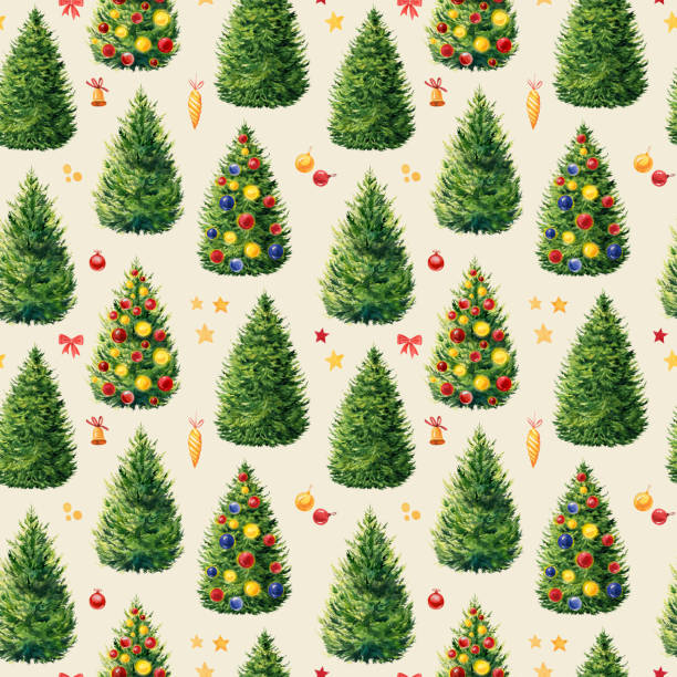 istock Christmas tree, seamless pattern. Holiday illustration with watercolor. Christmas ball, garland, gift 1703640608