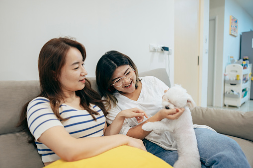 Two Asian women are sitting on the sofa, sharing stories and moments from their lives. They engage in lively discussions about their interests and offer each other support and encouragement.