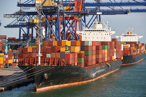 Aerial view of freight ship with cargo containers in Istanbul