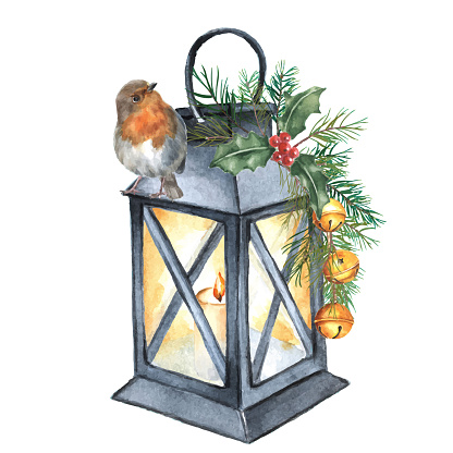 Watercolor christmas arrangement with lantern and robin bird, spruce branches and bells