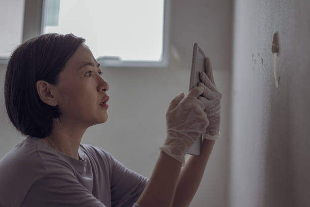 istock Woman looks at broken wallpaper 1703681291