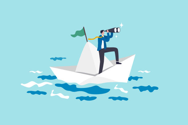 istock Exploration searching for new career opportunity, binocular vision to see future, look for journey, direction or guidance to success, businessman look through binocular to see sailing ship direction. 1703700566