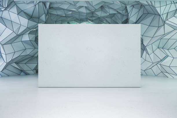 istock Modern abstract geometric crystal cave museum interior with mock up place on empty poster. 3D Rendering. 1703712558