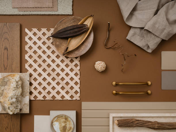 istock Elegant  flat lay composition in brown and beige color palette with textile and paint samples, lamella panels and tiles. Architect and interior designer moodboard. Top view. Copy space. 1703715287