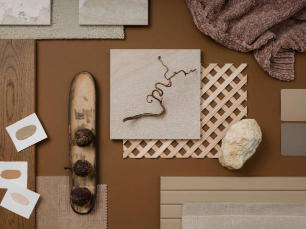 istock Creative flat lay composition in beige and brown color palette with textile and paint samples, lamella panels and tiles. Architect and interior designer moodboard. Top view. Copy space. 1703715299