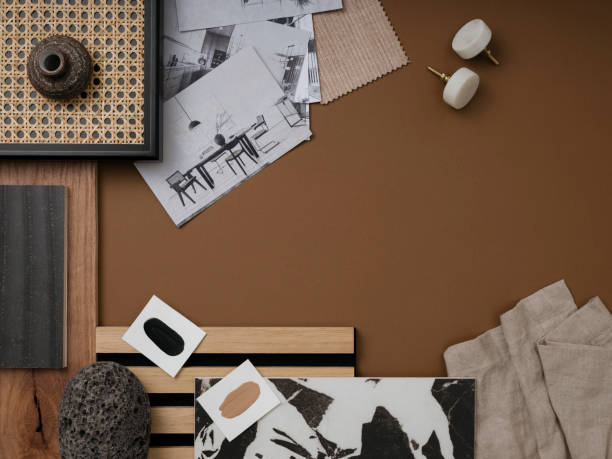 istock Modern flat lay composition in brown and beige color palette with textile and paint samples, lamella panels and tiles. Architect and interior designer moodboard. Top view. Copy space. 1703715658