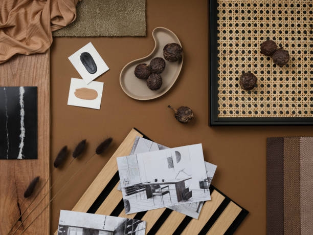 istock Creative flat lay composition in beige and brown color palette with textile and paint samples, lamella panels and tiles. Architect and interior designer moodboard. Top view. Copy space. 1703715821