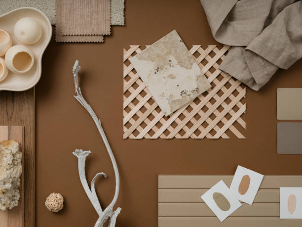 istock Elegant  flat lay composition in brown and beige color palette with textile and paint samples, lamella panels and tiles. Architect and interior designer moodboard. Top view. Copy space. 1703716356