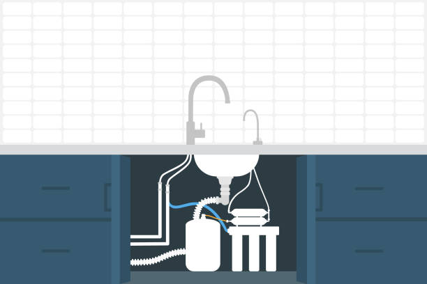 Reverse Osmosis Water Purification System In Kitchen Cabinet. Water Filtration Concept Reverse Osmosis Water Purification System In Kitchen Cabinet. Water Filtration Concept water filter stock illustrations