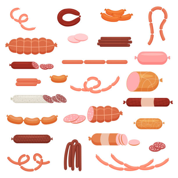 A set of cooked and smoked sausages, sausages, hunting sausages, whole sausage, half, cut, sausage string. Food, meat product. Vector illustration. A set of cooked and smoked sausages, sausages, hunting sausages, whole sausage, half, cut, sausage string. Food, meat product. Vector illustration. vienna sausage stock illustrations