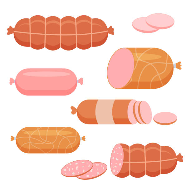 さまざまな調理済みソーセージのセット。肉製品。食べ物。ベクターイラスト。 - sausage点のイラスト素材／クリップアート素材／マンガ素材／アイコン素材