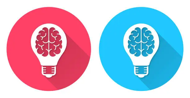 Vector illustration of Light bulb with brain. Round icon with long shadow on red or blue background