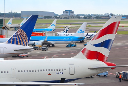 Airlines at Schiphol Airport in Amsterdam. Schiphol is the 12th busiest airport in the world with more than 63 million annual passengers.