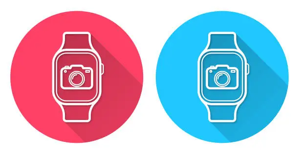 Vector illustration of Smartwatch with camera. Round icon with long shadow on red or blue background