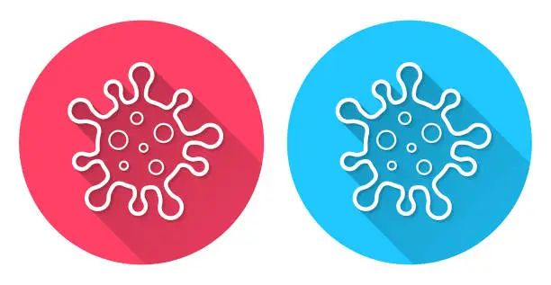 Vector illustration of Coronavirus cell (COVID-19). Round icon with long shadow on red or blue background