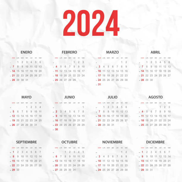 ilustrações, clipart, desenhos animados e ícones de calendário espanhol 2024 no fundo branco amassado - personal organizer calendar concepts crumpled