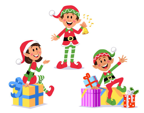 Cute Happy Christmas Elves Vector illustration of three cute Christmas elves wearing santa hats and pantyhoses, looking at the camera. One is ringing a bell and two are sitting on chrismtas presents. Part of a series. elf sitting stock illustrations