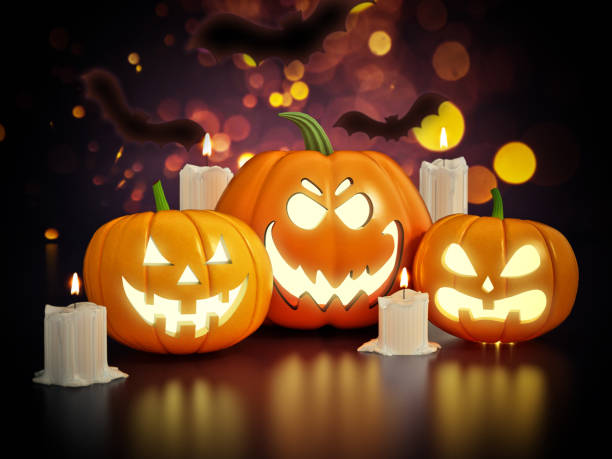 istock Three Jack o'lanterns with spooky faces and lit candles on background with bat silhouettes. Halloween themed 3D illustration 1703755322