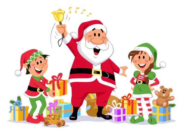 Vector illustration of Santa Claus And Christmas Elves With Gifts And Toys