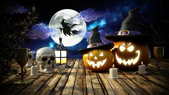 Jack o'lanterns with witch hats, lit candles and skull on old planks. Halloween themed 3D illustration.