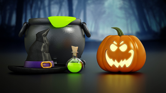 Jack o'lantern, witch cauldron, hat and potion in a spooky forest. Halloween themed 3D illustration.