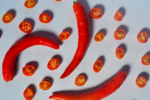 Scene of the red chili which looks very hot against a white background. No people.