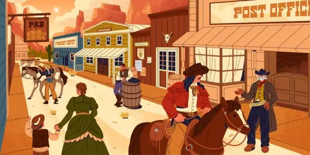 Vector illustration of Wild west panorama. Old american city with wooden buildings, country in desert, texas town. Cowboy, rider, horseman rides on horse, people walking on western sand street. Flat vector illustration