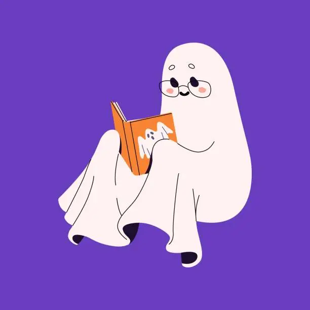 Vector illustration of Cute, friendly ghost reading book. Spooky phantom flying. Happy spirit with glasses sitting with novel, rest in leisure, hobby. Funny spook study. Halloween soul flat isolated vector illustration