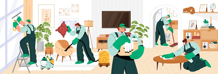 People in uniform work in cleaning service. Professional cleaners clean apartment, home interior. Experts with washing equipments: brush, mop, vacuum. Housework, housekeeping flat vector illustration.