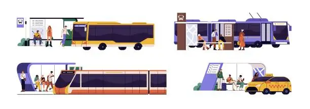 Vector illustration of Urban transport, public vehicle set. Bus, train, taxi arrive to station. People standing, waiting transfer on stop. City infrastructure. Flat isolated vector illustration on white background