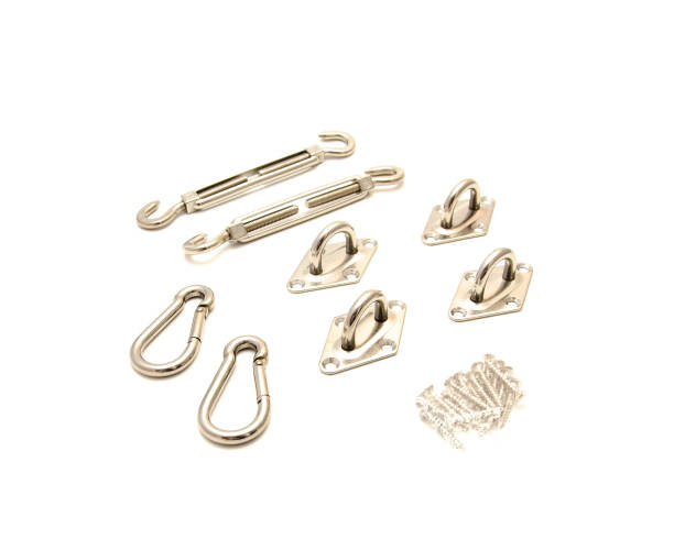 istock Shade sail hardware kits turnbuckle, pad eye, snap hooks, self-closing locking connectors, cable tension, attachment point heavy duty stainless steel isolated on white background 1703782932