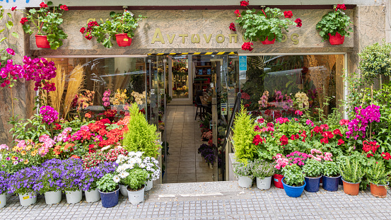 Thessaloniki, Greece - April 29, 2023: Flower shop in Thessaloniki in Central Macedonia in Greece