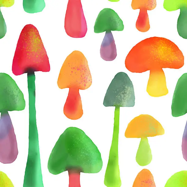 Vector illustration of Watercolor Mushrooms Seamless Pattern. Easter Concept, Design Element for Gift Wrapping Paper, Greeting and Invitation Cards.