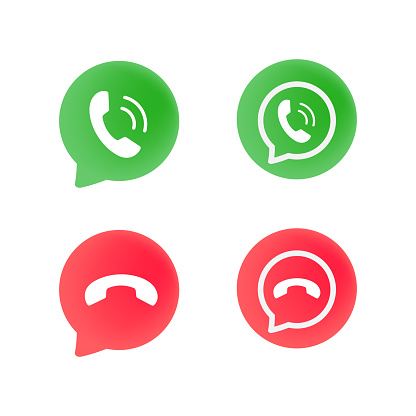 Green and red phone handset in chat bubble symbol. New message. 3d mobile application icon with notification. Green telephone icon, red phone symbol contact us, online, chat, call and call ended.