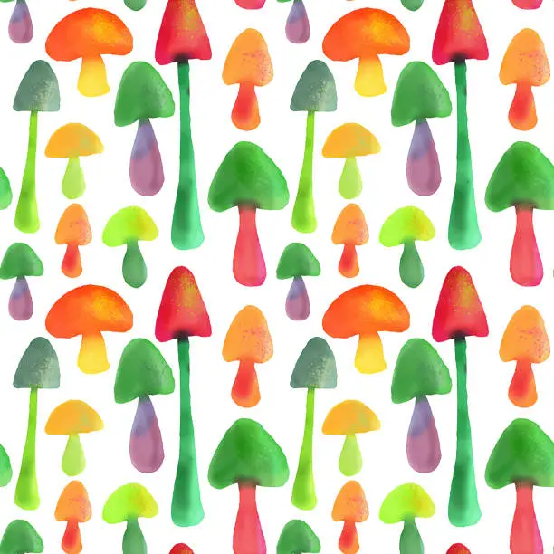 Vector illustration of Watercolor Mushrooms Seamless Pattern. Easter Concept, Design Element for Gift Wrapping Paper, Greeting and Invitation Cards.