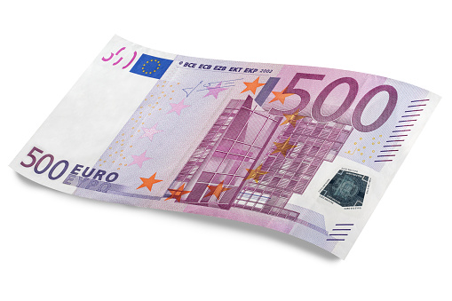 five hundred euro banknote laying on white background isolated. there is a shadow.