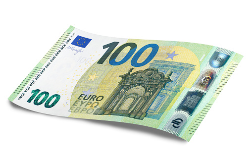 hundred euro banknote of 2019 release laying on white background isolated. there is a shadow.