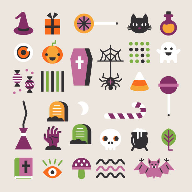 ilustrações, clipart, desenhos animados e ícones de conjunto plano de elementos de halloween. coleção de vetores com abóbora, aranha, gato, caveira, doces, fantasma, morcego, cogumelo, chapéu. - spider web halloween corn pumpkin