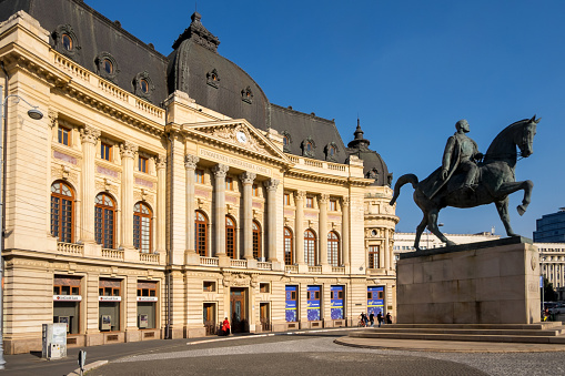 Bucharest, Romania - September 12, 2023: Palatului Square, now known as Revolution Square and new equestrian statue of King Charles I, created by Romanian sculptor Florin on December 6, 2010