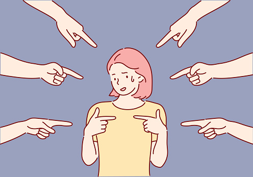 Blaming you. Anxious surprised woman being judged by different people pointing fingers at her. Hand drawn style vector design illustrations.