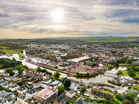Aerial view over River Exe and Exeter Quay